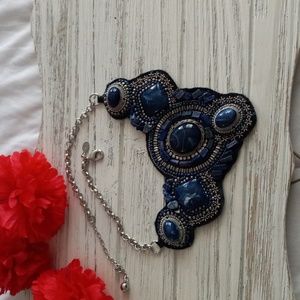 Chico's Statement Bib Necklace Blue gemstone beaded silvertone adjustable